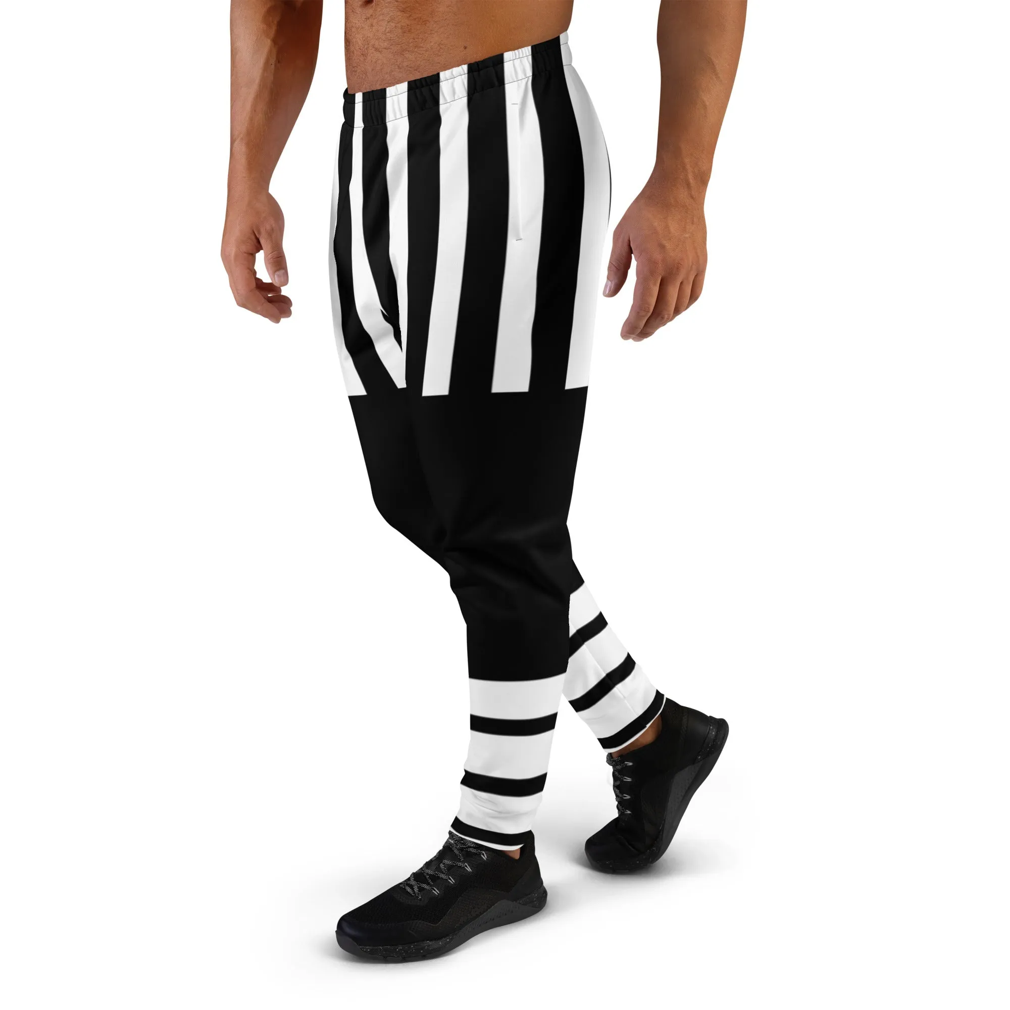 Black White Stripes Men's Joggers, Striped Print Premium Quality Men's Sweatpants - Made in EU/MX