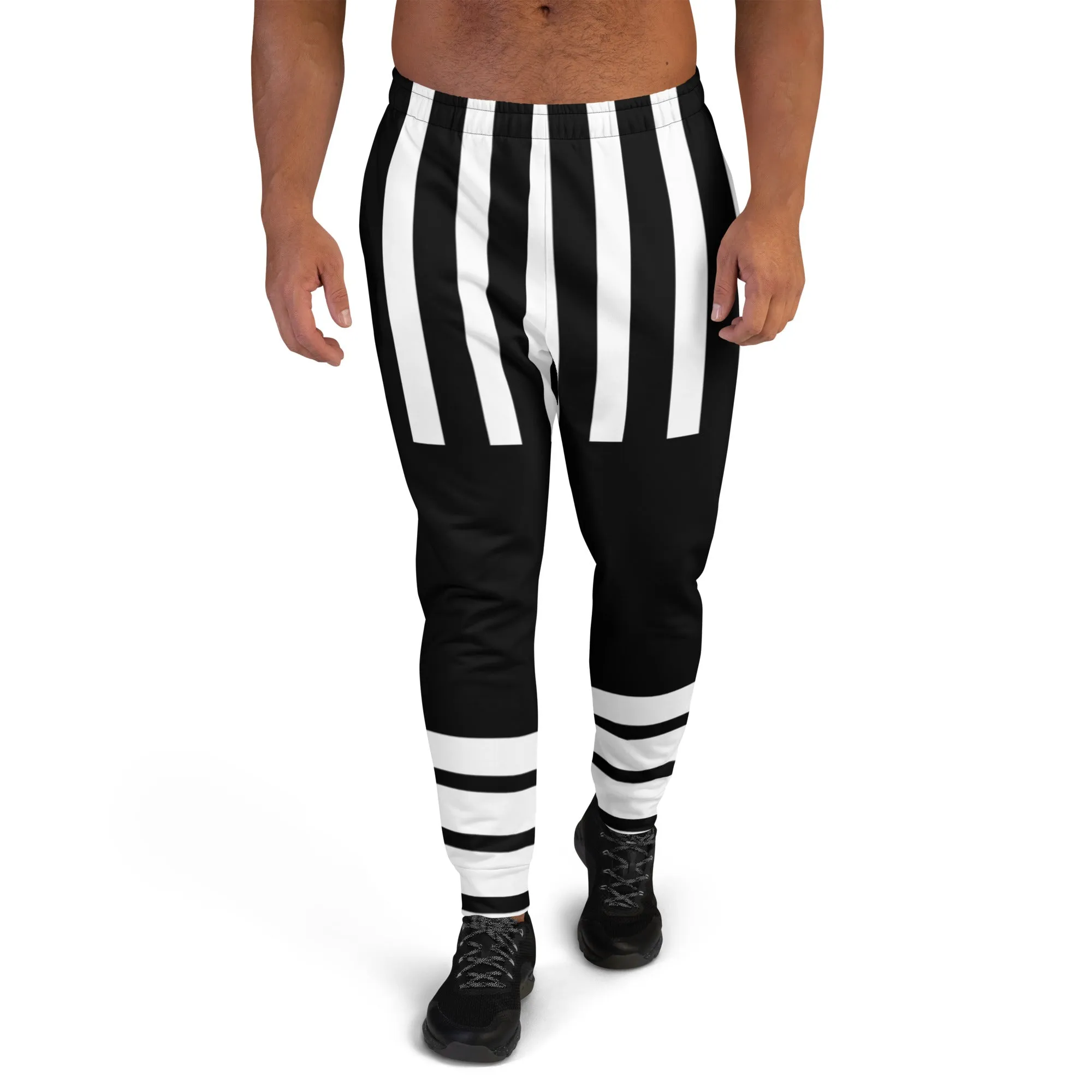 Black White Stripes Men's Joggers, Striped Print Premium Quality Men's Sweatpants - Made in EU/MX