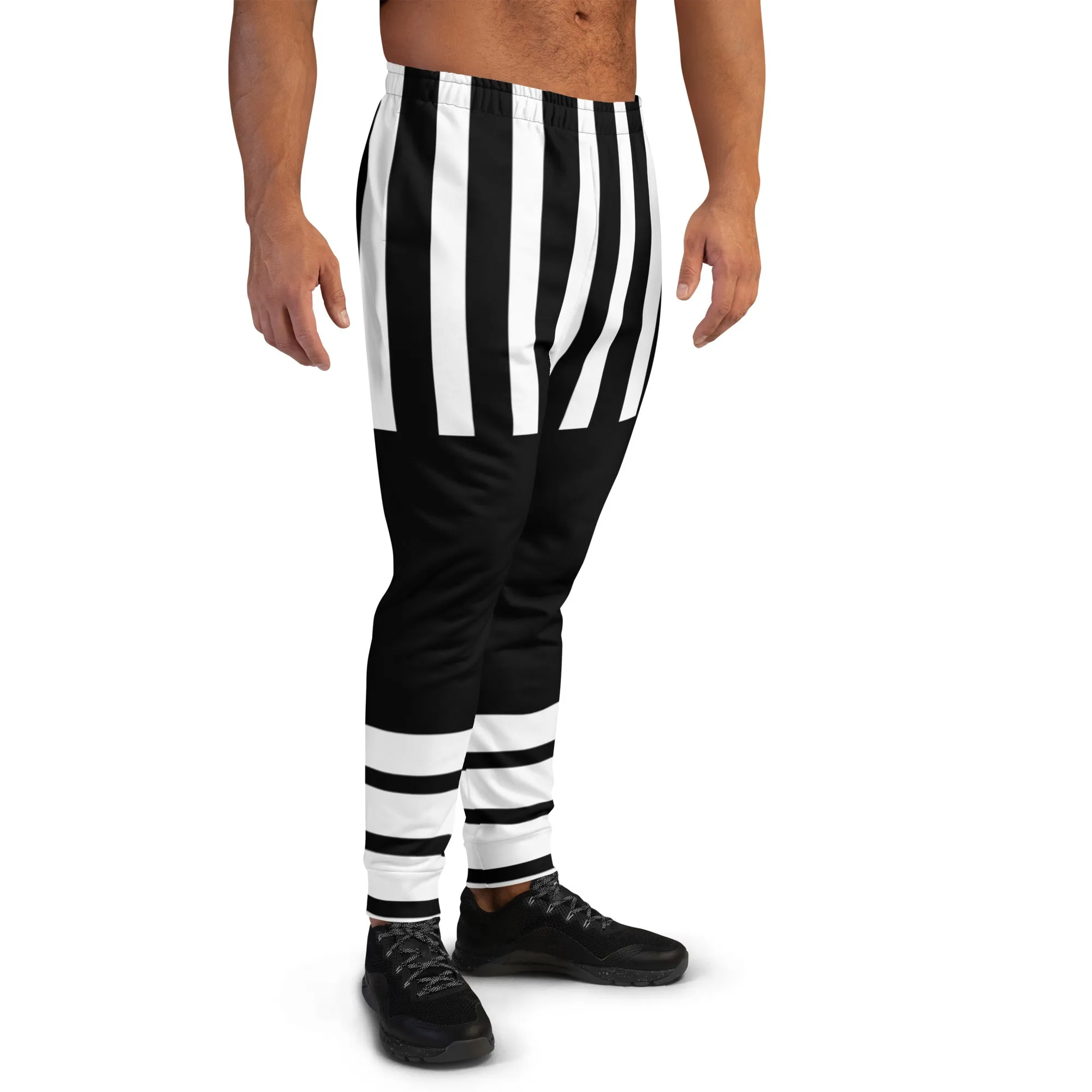 Black White Stripes Men's Joggers, Striped Print Premium Quality Men's Sweatpants - Made in EU/MX