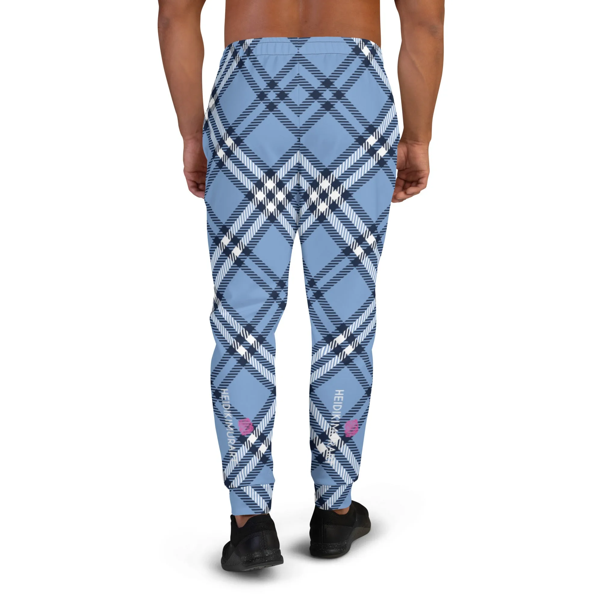 Blue Plaid Print Men's Joggers, Tartan Plaid Mens Plaid Joggers, Blue Plaid Sweatpants - Made in USA/EU/MX
