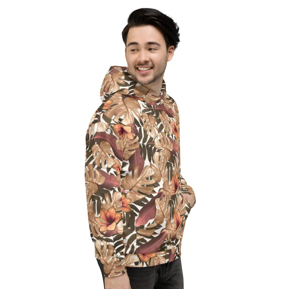 Brown Tropical Men's Hoodies, Fall Tropical Leaf Unisex Sweatshirt Pullover- Made in EU