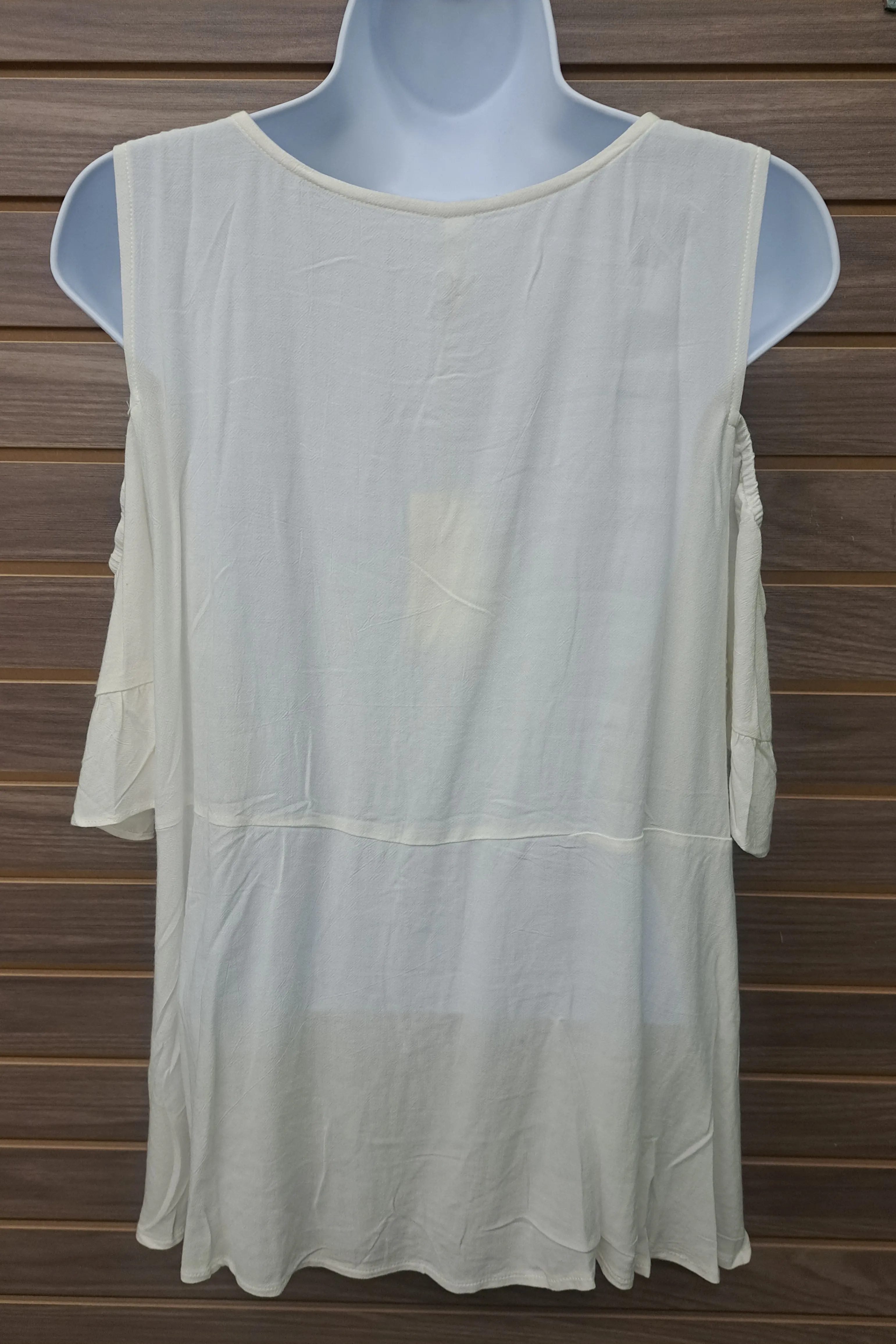 Flowy linen cold shoulder pull over blouse