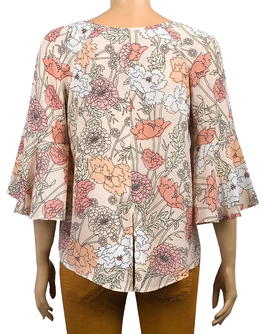 Ladies Peach Floral Dip hem Regular Fit Bell Sleeves Top