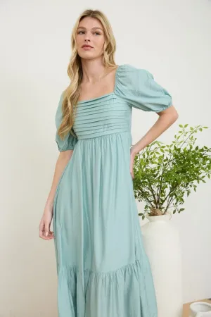 PLEATED EMPIRE WAIST PUFF SLEEVE MIDI DRESS