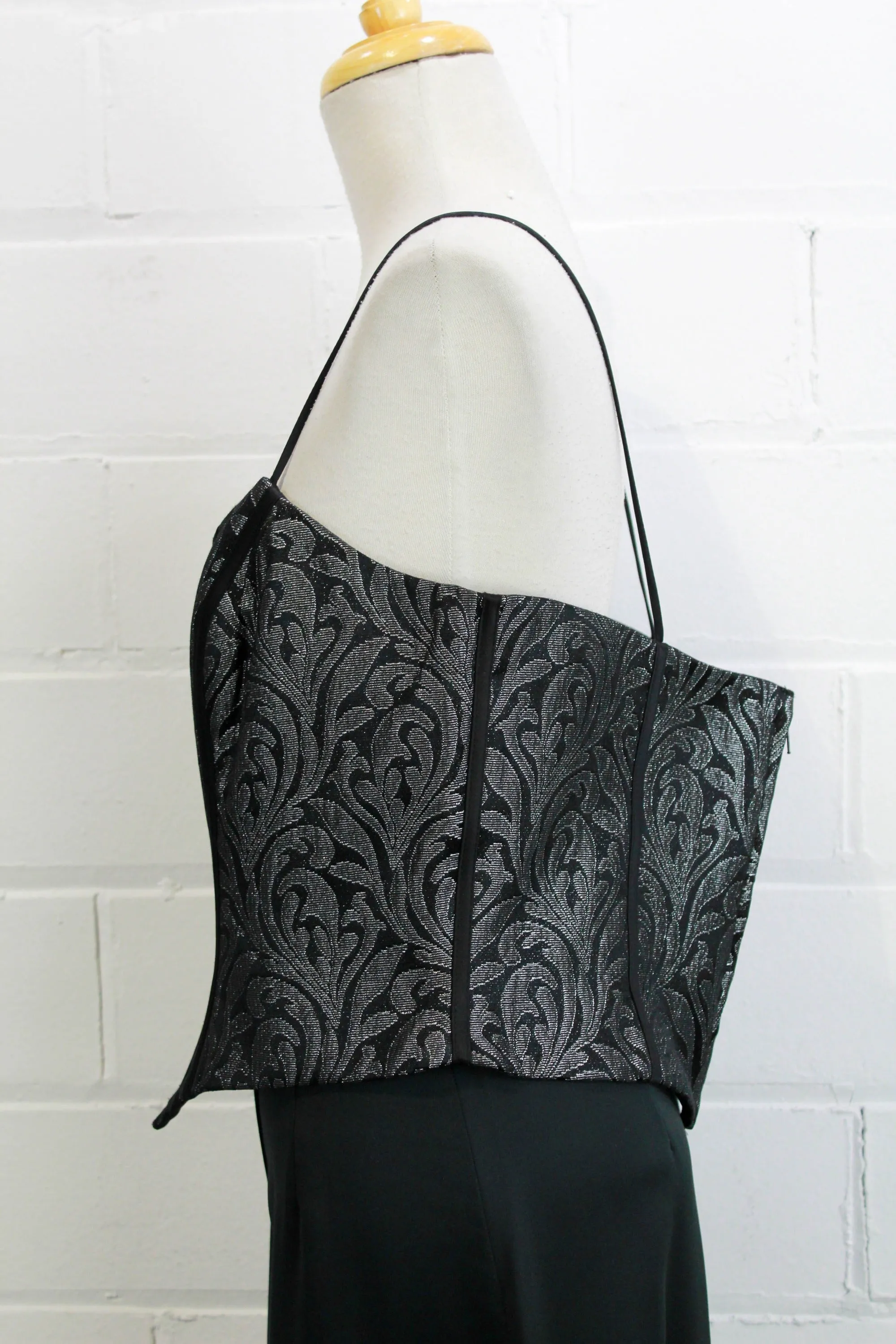 Vintage 2000s Y2k Black and Silver Metallic Damask Bustier / Boned Top, XL