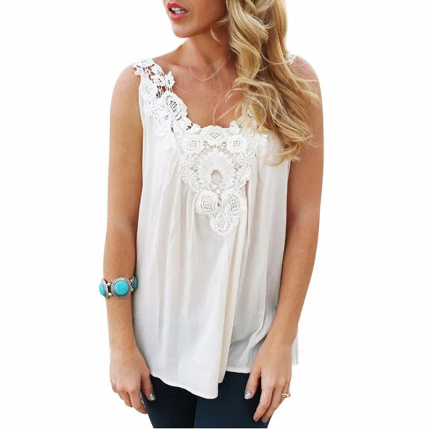Women Blouses Chiffon White Lace Blouse For Ladies Vest 2016 Fashion Stitching Sling Girls Clothes Long Blouse #LSIW
